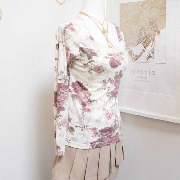 Dusty Rose Print Lace Trim Long Sleeve Tee 💐 ROSA CHERI - Picture 2 of 7